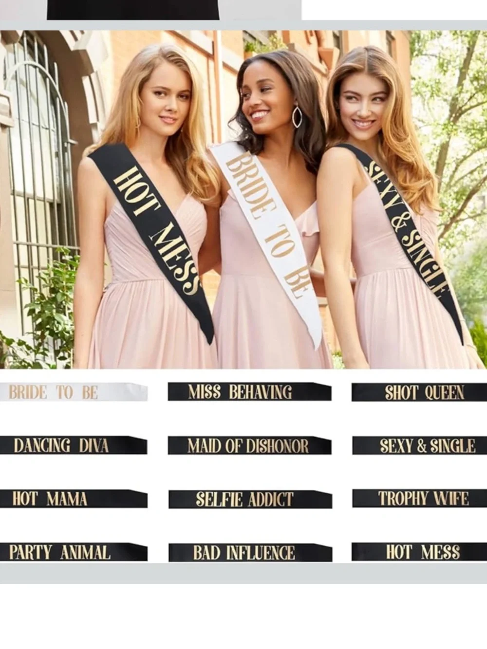 Bridal Party Sash Set in Black, White & Gold - 12 Bachelorette Sashes